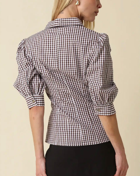 Annie Gingham Puff Sleeve Top / Brown