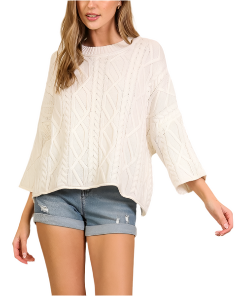 Kinslee 3/4 sleeve cable sweater / cream