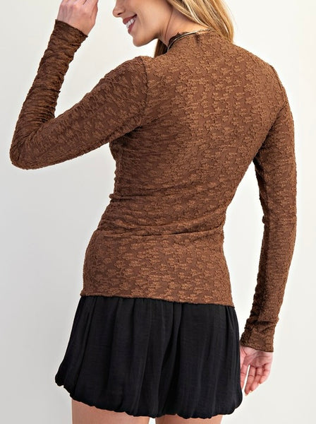 fitted lace long sleeve top / chestnut