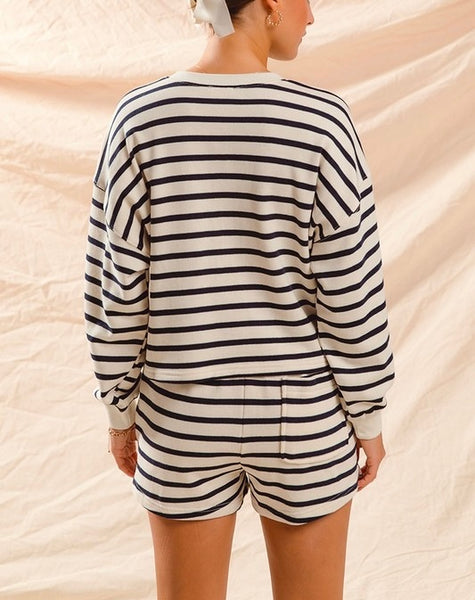 everyday stripe sweatshirt & shorts set / ivory & black