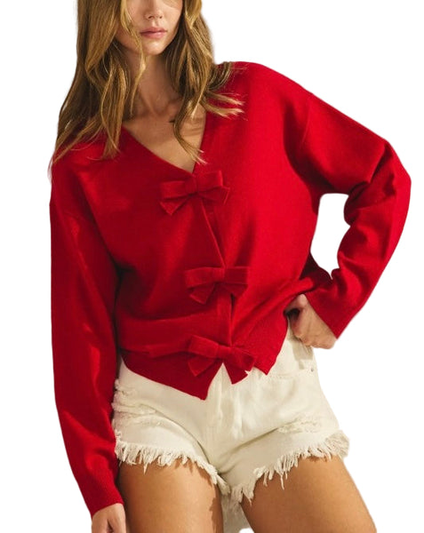 ribbon front tie sweater / red