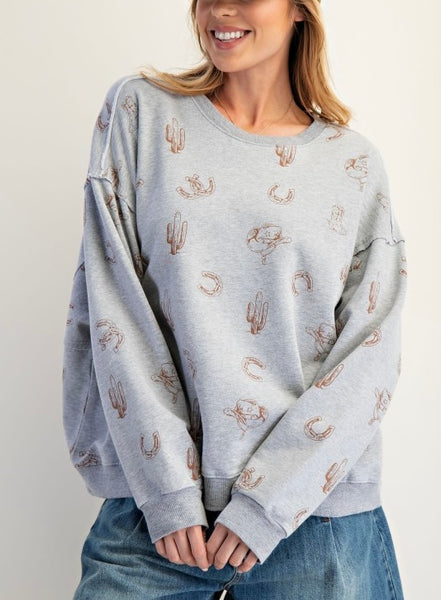 western print sweatshirt / heather grey