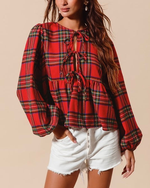 Christmas plaid front tie flannel top / red