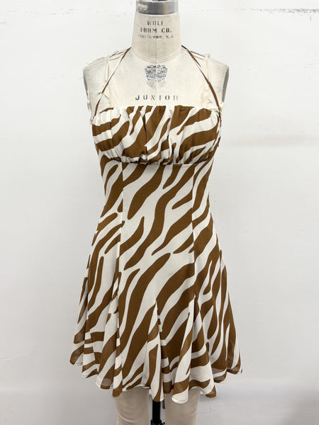 Zebra Halter Neck Mini Dress / Brown & Cream