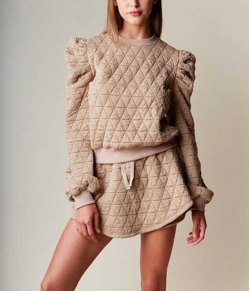 quilted puff sleeve skirt set / camel