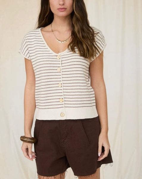 Ruth striped short sleeve cardigan / cream and taupe