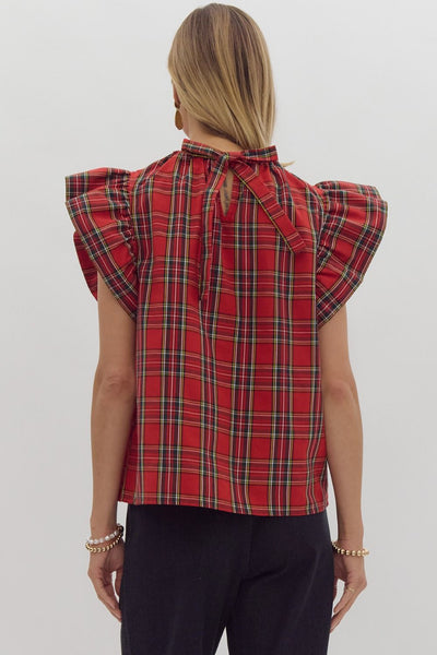 Christmas plaid ruffle sleeve top