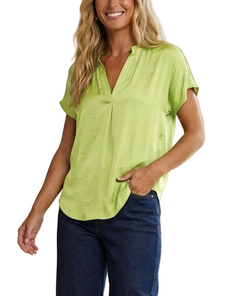 satin split neck top / lime