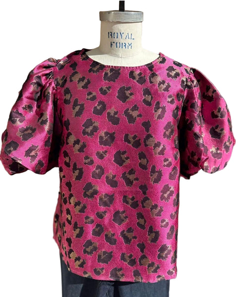 THML puff sleeve leopard jacquard top / magenta