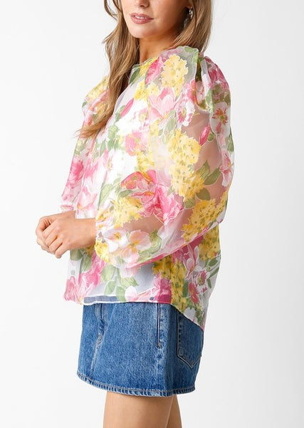 floral bubble sleeve top // white