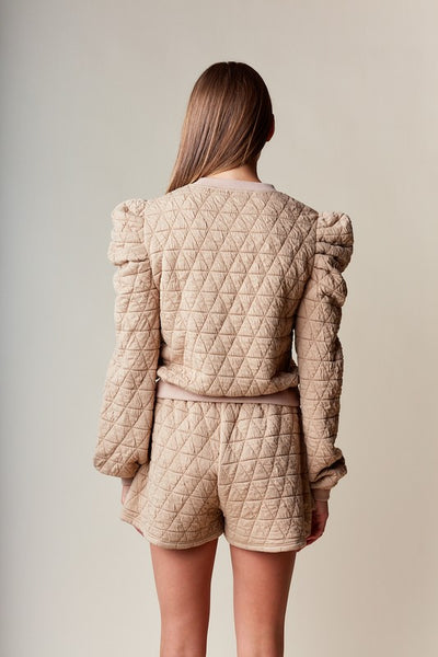 quilted puff sleeve skirt set / camel