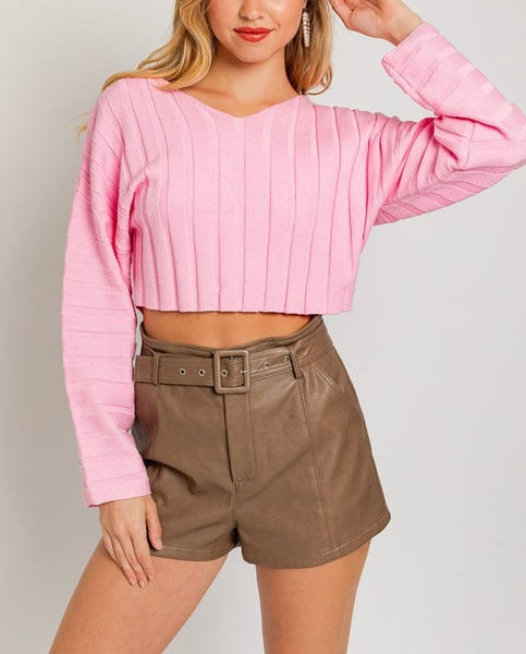 ribbed v-neck cropped sweater // baby pink