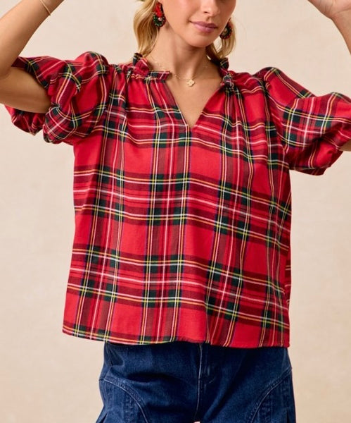 Christmas plaid puff sleeve top