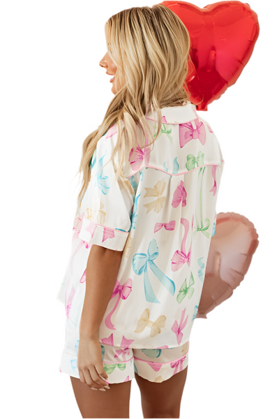satin pj bows short set / white