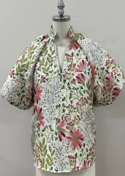 THML puff sleeve floral top / cream