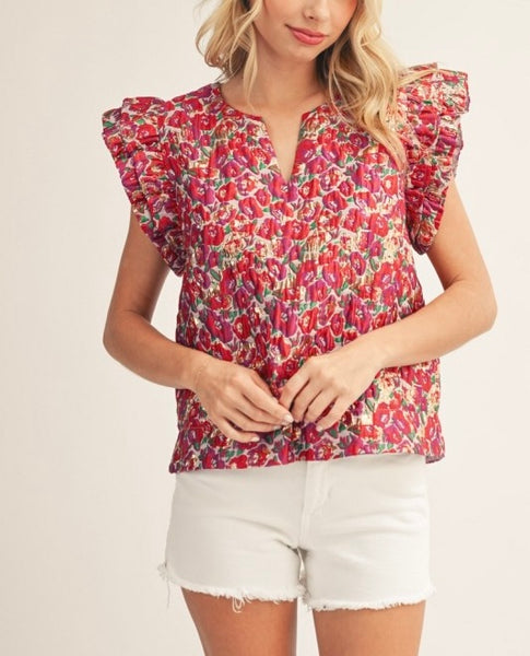 jacquard ruffle sleeve top / berry mix