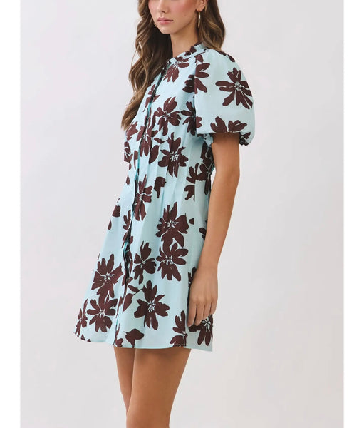 Floral puff sleeve dress / blue & chocolate