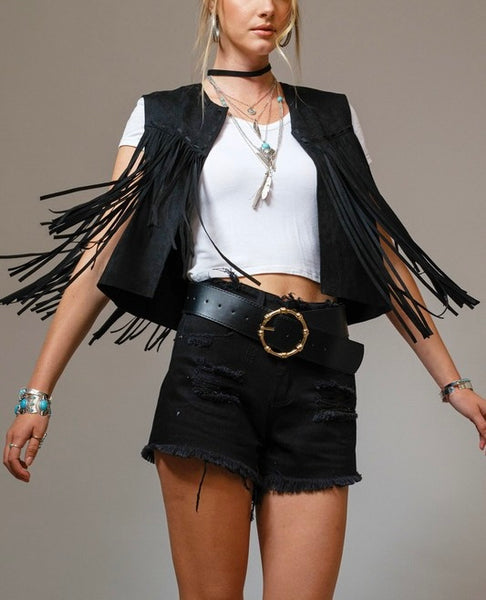 suede fringe western vest / black