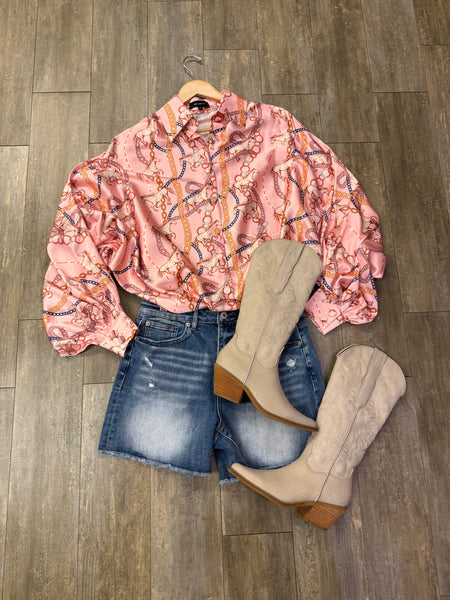 satin horse print oversized button up / pink