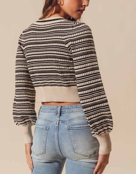 stripe bow sweater / oatmeal & black