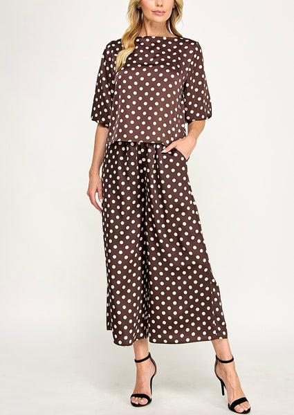 Polka Dot Satin Pant Set / Chocolate
