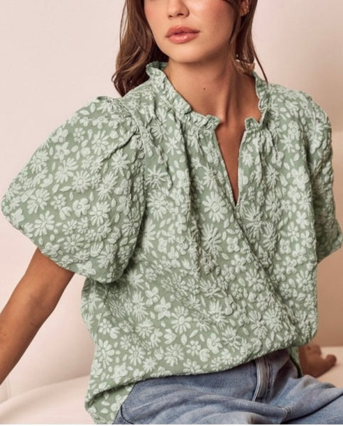 Eva jacquard puff sleeve top / sage