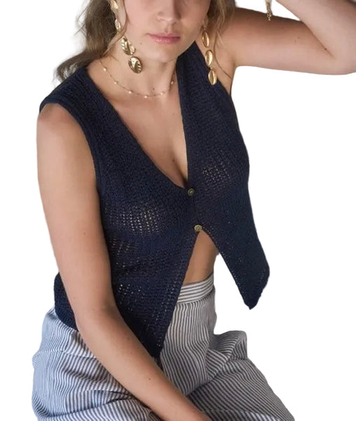front button crochet vest / black