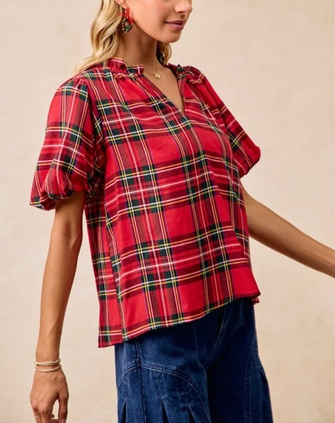 Christmas plaid puff sleeve top