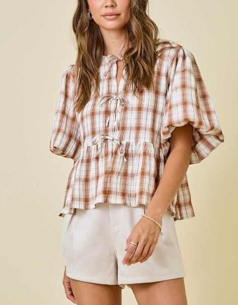 plaid puff sleeve top / ginger