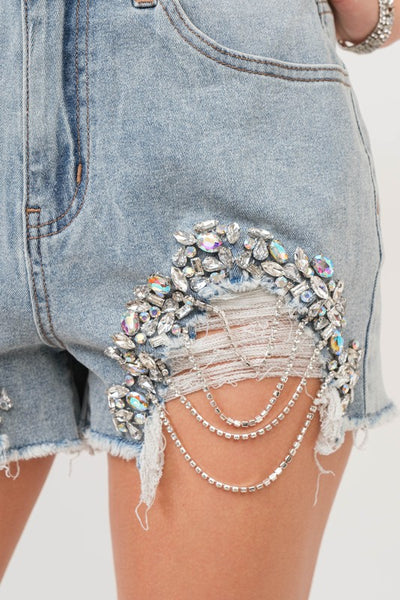 rhinestone fringe frayed denim short // light wash