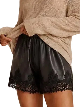 Andrea Faux Leather Lace Trim Short/ Black