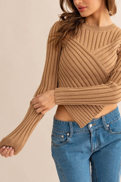 long sleeve asymmetrical hem sweater / tan