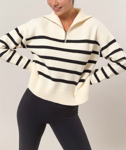 collared 1/4 zip stripe sweater // ivory & black