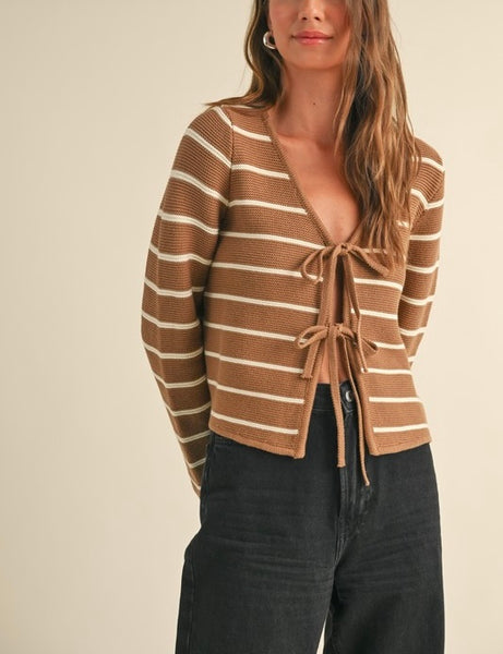 striped tie front cardigan / mocha