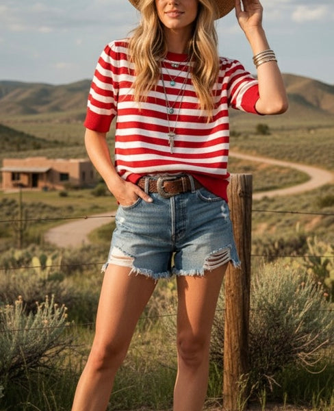 striped puff sleeve sweater / red & white