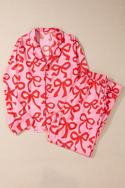 satin long pajamas / pink bows