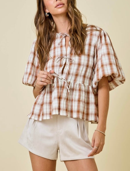 plaid puff sleeve top / ginger