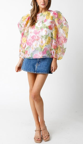 OLIVACEOUS floral bubble sleeve top // white