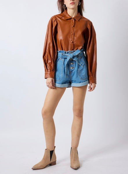 belted paper bag waist denim shorts