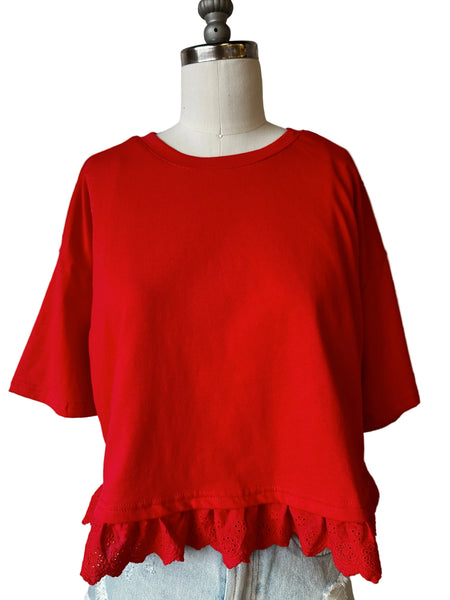 eyelet short sleeve top / red