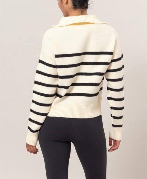 collared 1/4 zip stripe sweater // ivory & black