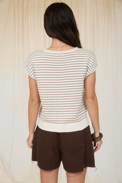 Ruth striped short sleeve cardigan / cream and taupe