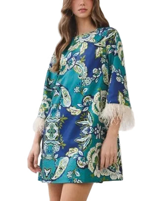 Feather Trim Floral dress / Teal multi