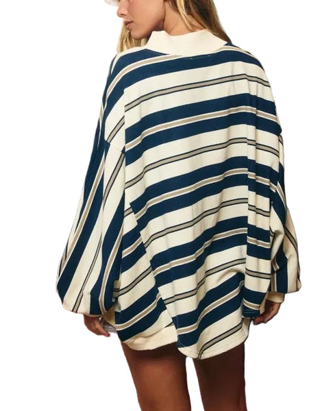 striped oversized mock neck sweatshirt / navy
