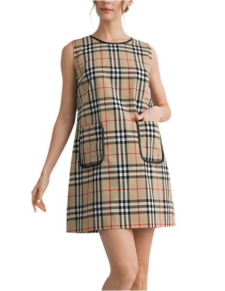 plaid sleeveless dress / tan