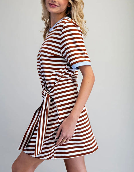 Cassie striped waist tie dress / chocolate