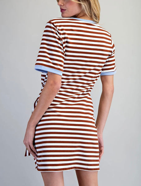 Cassie striped waist tie dress / chocolate