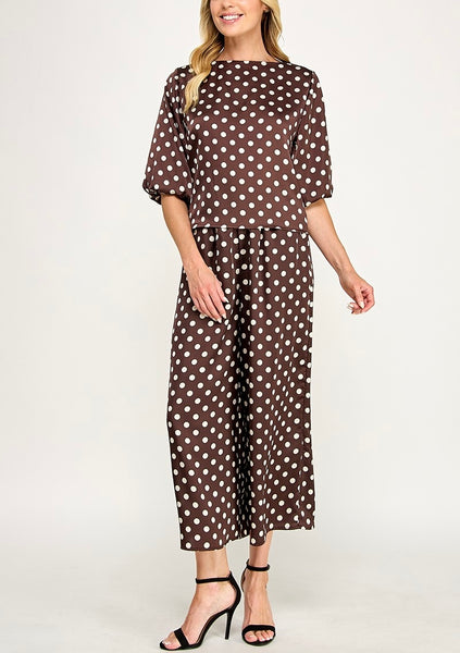 Polka Dot Satin Pant Set / Chocolate