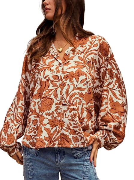 Tuscan vines button up top  / cream & rust