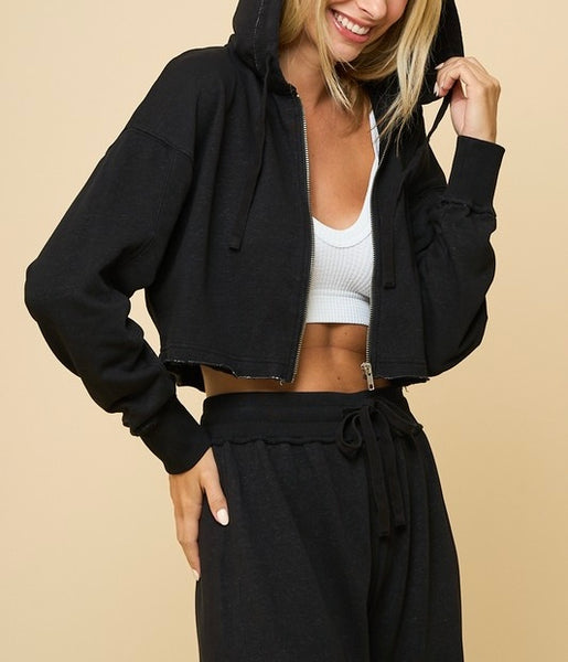 washed terry crop hoodie & pant set // black